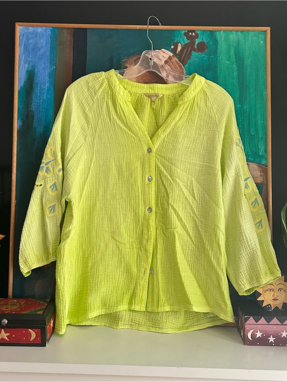 EsQualo Lime Green Embroidered Cotton Gauze Button Blouse Small